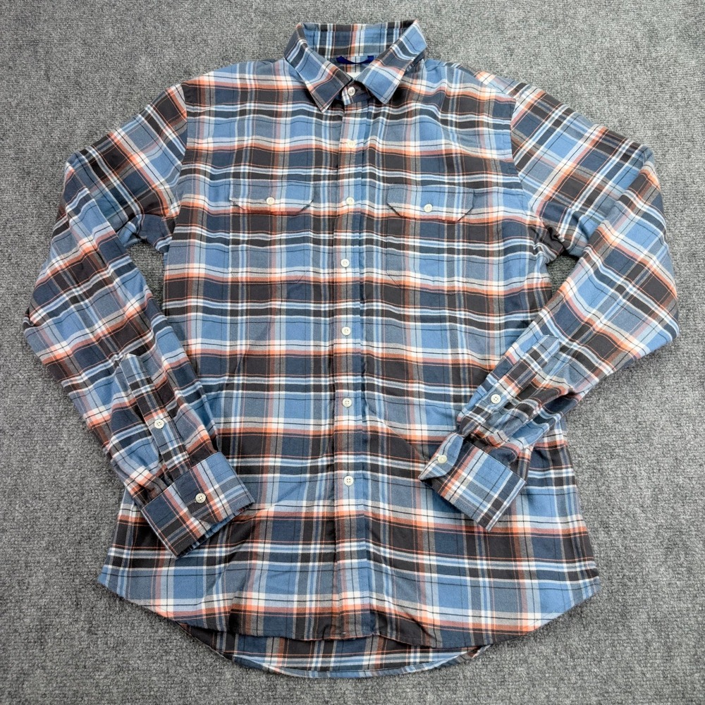 Teddy Stratford Shirt Mens 4 Large Blue Orange Flannel Plaid Hidden Zipper